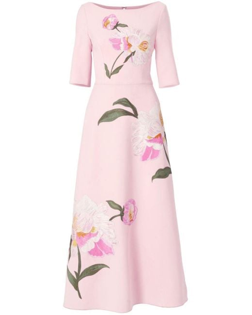 Carolina Herrera Pink Floral-Embroidered Boat-Neck Maxi Dress