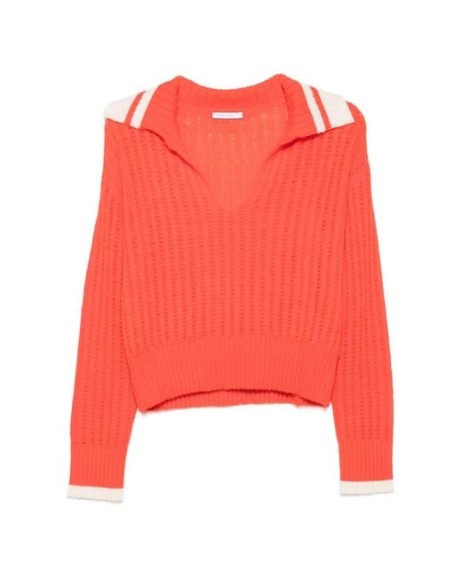 Patrizia Pepe Red Stripe-Detail Open-Knit Sweater
