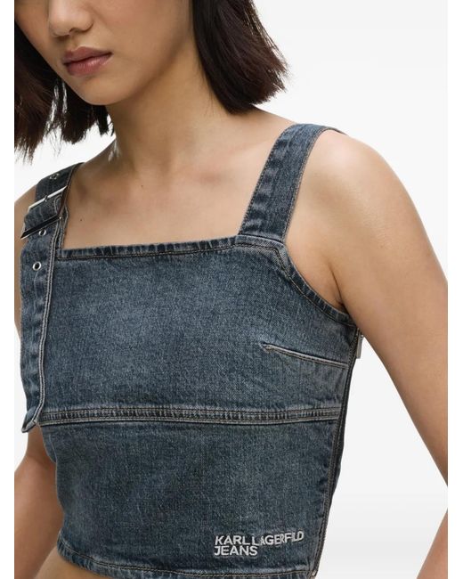 Karl Lagerfeld Blue Buckle-Detail Denim Crop Top