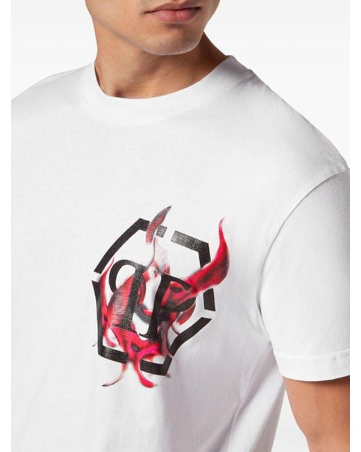 Philipp Plein White Logo Flame-print Cotton T-shirt for men