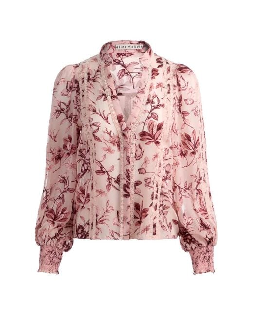 Alice + Olivia Pink Arlette Floral Lace-Trim Blouse