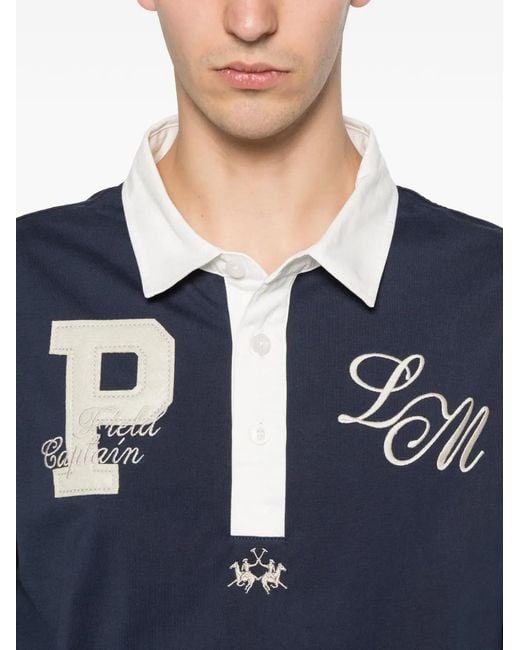 La Martina Blue Logo-Patch Long-Sleeve Polo Shirt for men