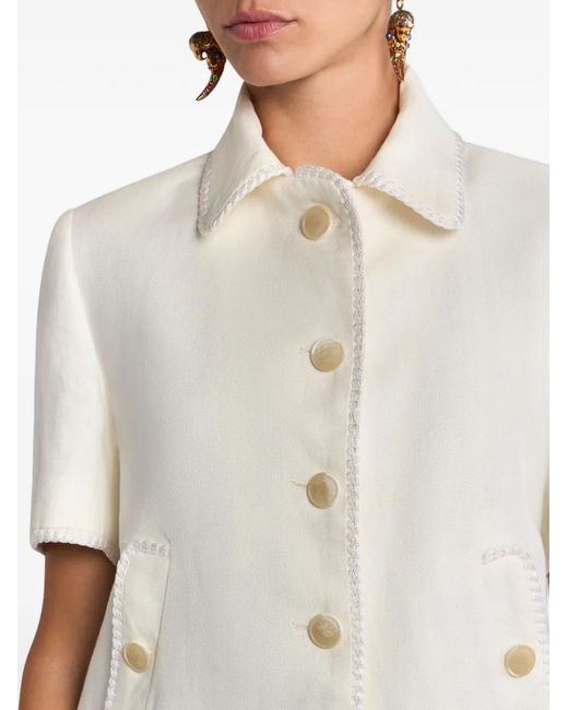 Etro White Short-Sleeved Cropped Linen Jacket With Pegaso Buttons