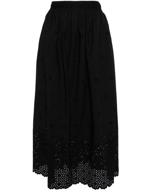 Ulla Johnson Black Midi Broderie-anglaise Cotton Skirt