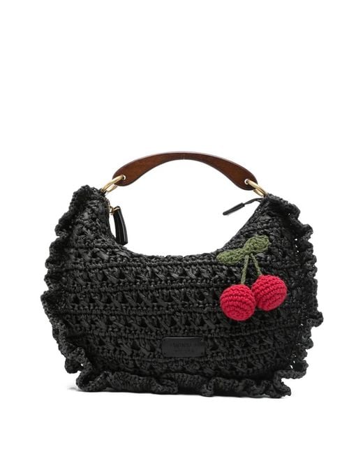 Twinset Black Ruffled Cherry-Detail Tote Bag