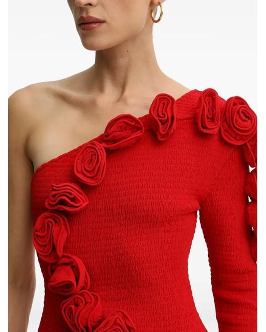 Farm Rio Red Rose-Appliqué One-Shoulder Mini Dress