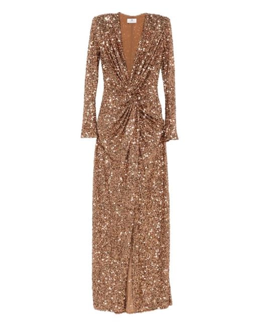 Elisabetta Franchi Brown V-Neck Long-Sleeve Maxi Dress