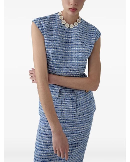 Carolina Herrera Blue Short-Sleeved Belted Tweed Blouse