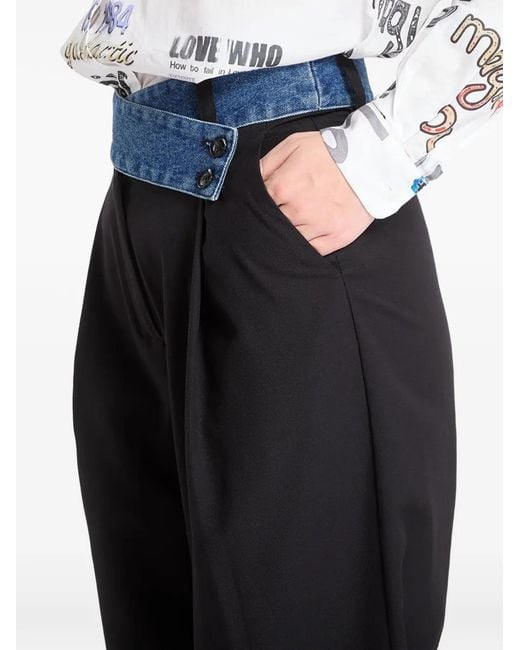 Desigual Black Denim-Waistband Pleated Trousers