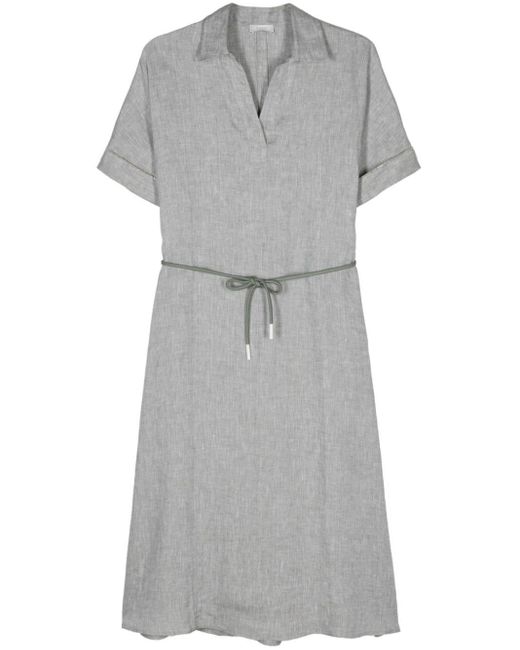 Peserico Gray Belted Linen Midi Dress