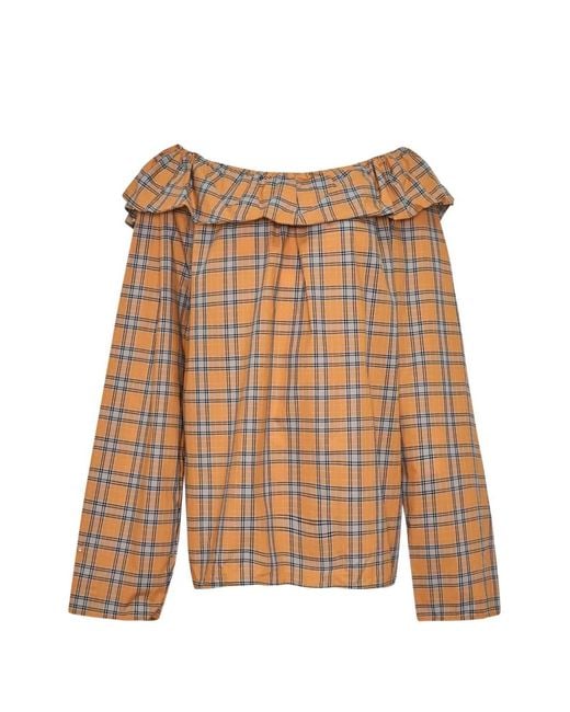 MSGM Brown Check Ruffled-Detail Blouse