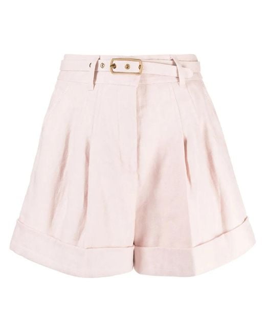 Zimmermann Pink Matchmaker Belted Linen Shorts