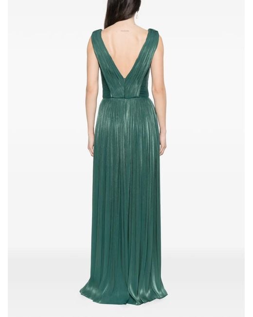 Costarellos Green Anilia Pleated V-Neck Maxi Dress