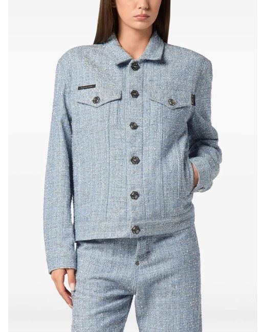 Philipp Plein Blue Tweed Cropped Jacket