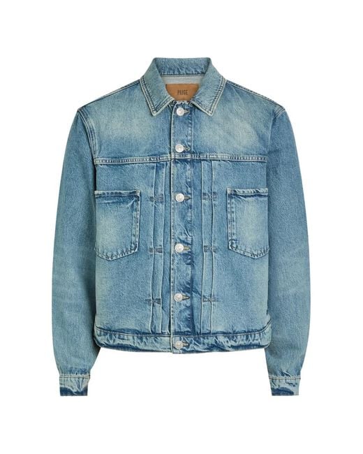 PAIGE Blue Tobin Pleated-Detail Denim Jacket for men