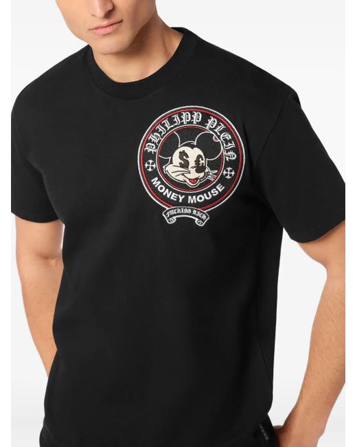 Philipp Plein Black Money Mouse-Embroidered T-Shirt for men