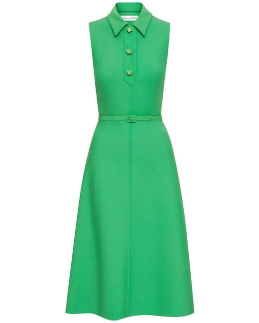 Oscar de la Renta Green Cactus Button-Detail Belted Midi Dress
