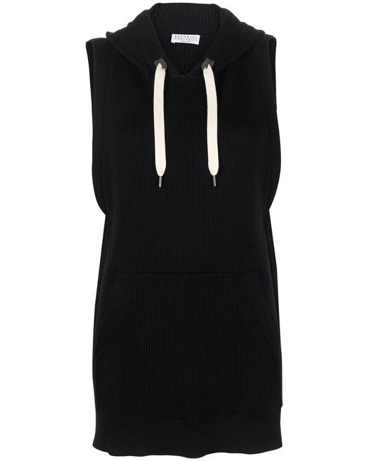Brunello Cucinelli Black Ribbed-Knit Vest Hoodie