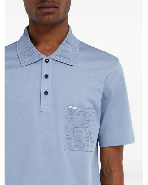 Ferragamo Blue V-Neck Polo With Jacquard Pocket Detail for men