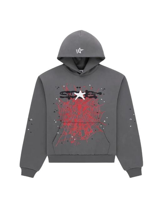 Sp5der Gray Splat Graphic-Print Star-Motif Hoodie for men
