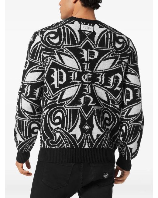 Philipp Plein Black Cross-Pattern Lambswool Pullover Sweater for men