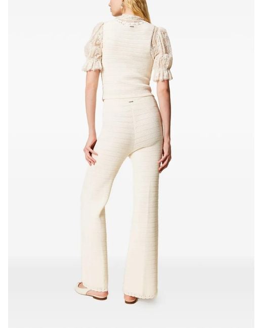 Twinset White Knit Trousers With Crochet Detail