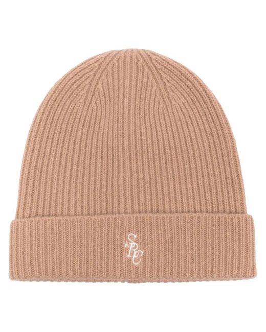Sporty & Rich Natural Logo-Embroidered Ribbed-Knit Beanie