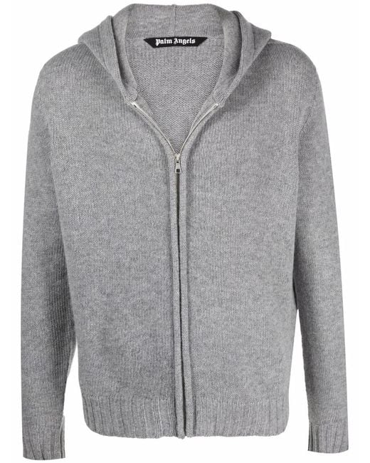 Palm Angels Gray Intarsia-logo Zip-up Hoodie for men