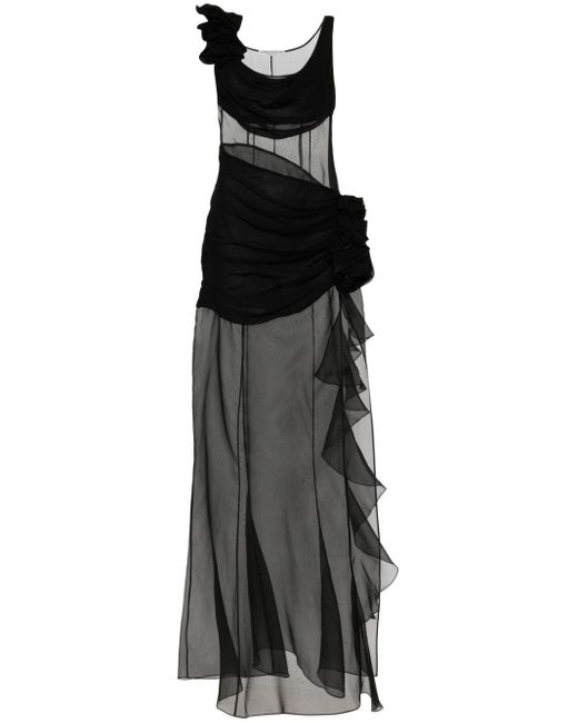 Alessandra Rich Black Floral-appliqué Silk Maxi Dress