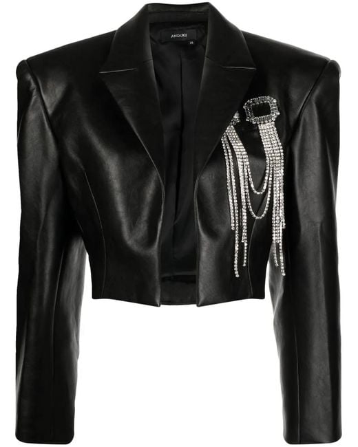 Anouki Black Embellished Cropped Faux-Leather Blazer