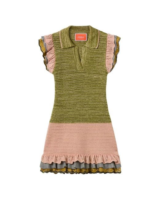 LaDoubleJ Green Eight Counts Ruffle-Trimmed Crochet-Knit Mini Dress