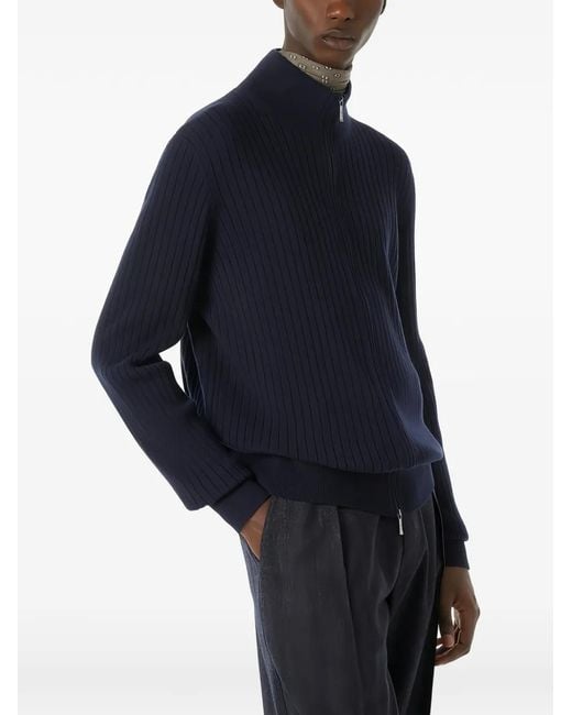 Loro Piana Blue Ribbed-Knit Zip-Up Cashmere Cardigan for men