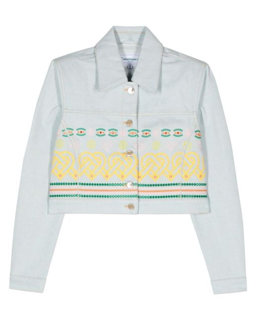Casablancabrand Blue Embroidered-detail Cropped Denim Jacket