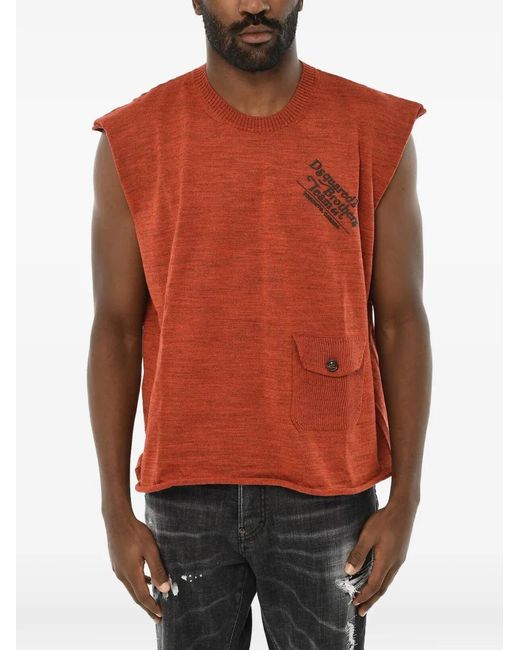 DSquared² Red Virgin-Wool Tank Top With Chest-Pocket for men