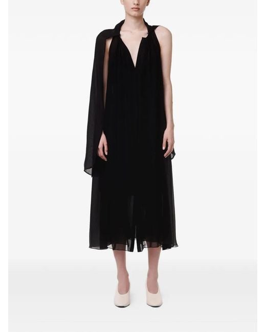Another Tomorrow Black Scarf-Detail Midi Dress