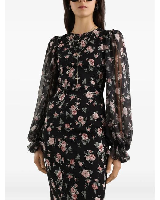 Robe En Charmeuse À Imprimé Roses Vintage Dolce & Gabbana en coloris Black