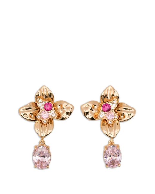 Self-Portrait White Crystal-Embellished Floral Drop Earrings