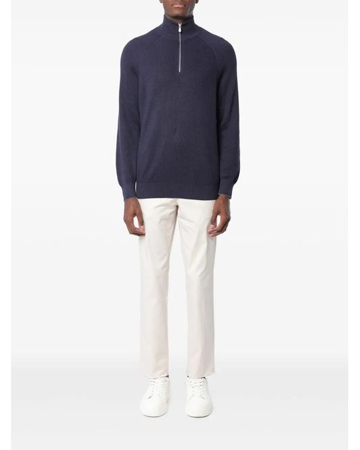 Brunello Cucinelli Blue Cotton English Rib Sweater With Half Zip And Raglan Sleeves for men