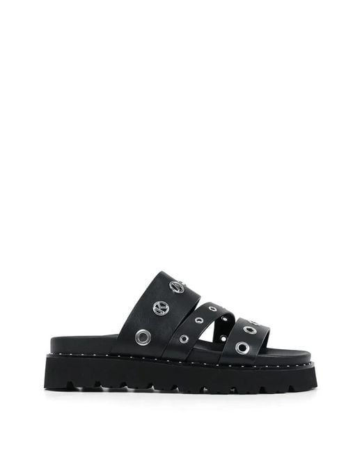Karl Lagerfeld Black Eyelet-Embellished Logo-Plaque Flat Sandals