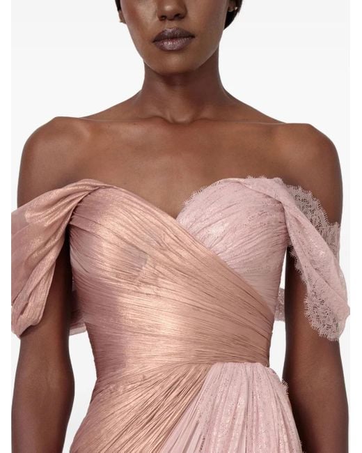 IRIS SERBAN Pink Spitzen-Maxikleid Im Metallic-Look Mit Falten