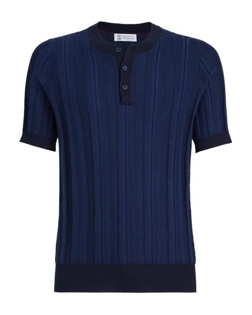 メンズ Brunello Cucinelli リブニット ポロシャツ Blue