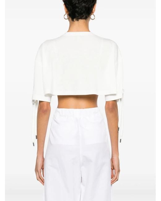 Pinko White Lace-Up Cropped T-Shirt