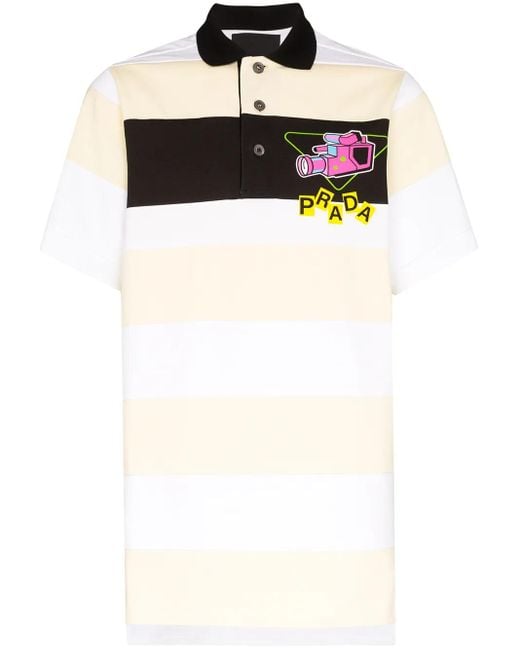 Prada White Striped Camera Logo Polo Shirt for men