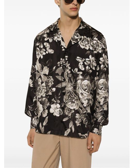 Dolce & Gabbana Black Floral-print Silk Shirt for men