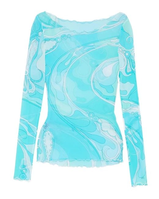 Emilio Pucci Blue Haut À Col Bateau Imprimé Orchidée