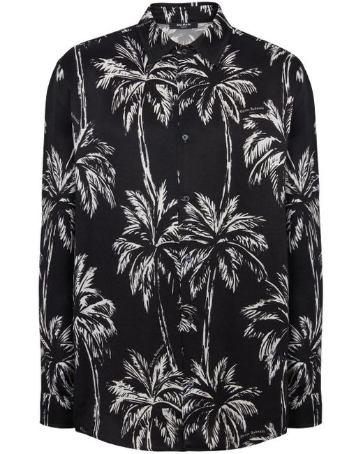 Balmain Black Palm Tree-print Satin Shirt for men