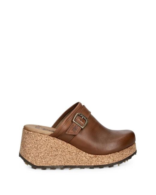 Fly London Brown Buckle-Detail Cork-Wedge Mules