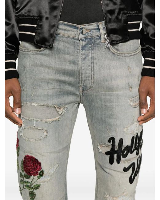 Amiri Gray Rose-Embroidered Distressed Jeans for men