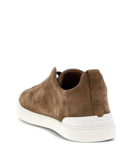 Zegna Brown Triple-Stitch Suede Sneakers for men