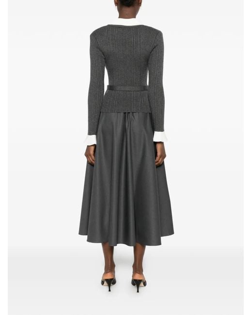 Self-Portrait Gray Belted Ribbed-Knit Midi Dress